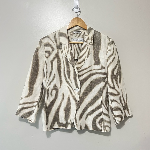 MaxMara Jackets & Blazers - MaxMara Puro Lino Neutral Zebra-Print Linen Blend Blazer Sz 8 Light Quiet Luxury